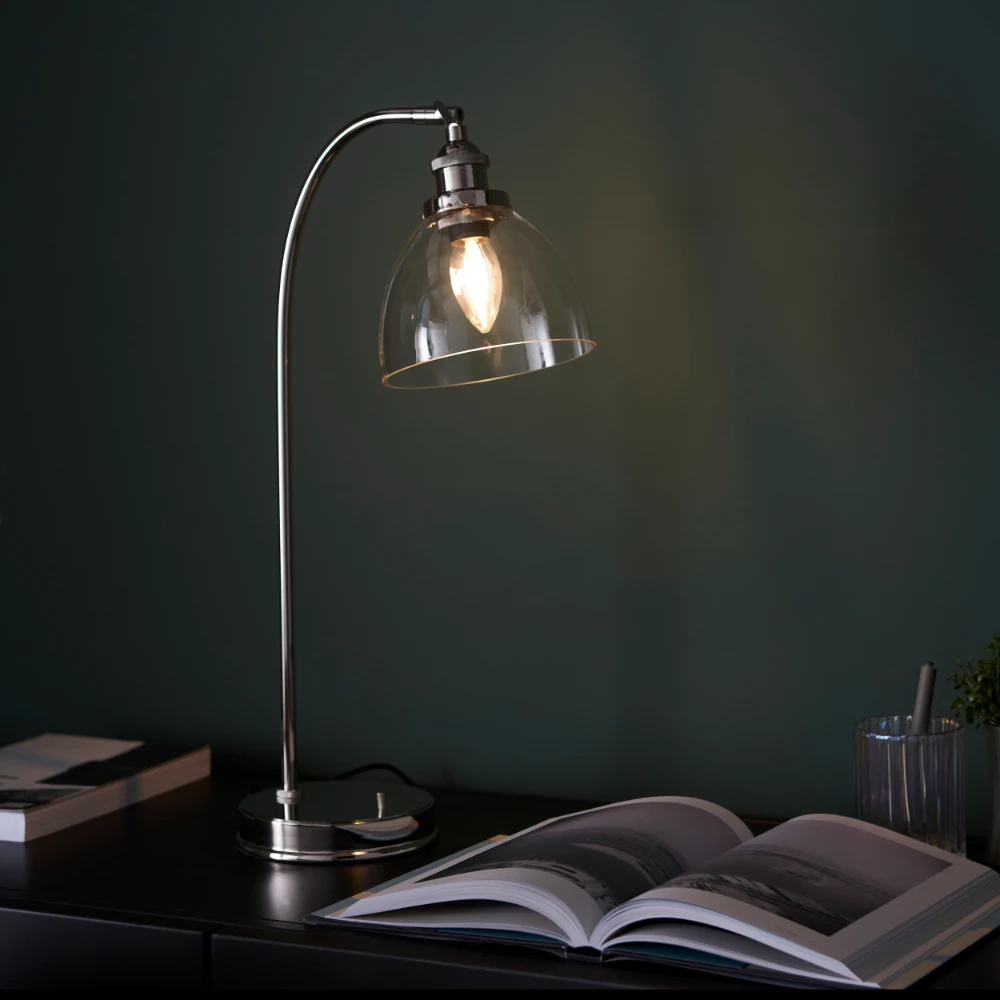1 Light Task Table in Bright Nickel Plate and Clear Glass | Washington Lighting and Interiors 1 Light Task Table in Bright Nickel Plate and Clear Glass | Washington Lighting and Interiors