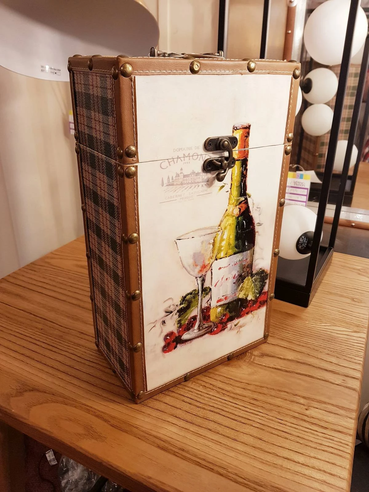 Wood and Fabric Wine Storage Case with Metal Details | Washington Lighting and Interiors Wood and Fabric Wine Storage Case with Metal Details | Washington Lighting and Interiors