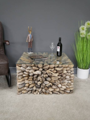 Reclaimed Driftwood Coffee Table with Glass Top