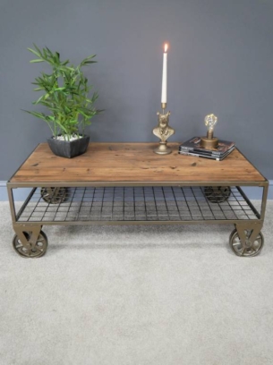 Industrial Coffee Table with Cage Style Bottom
