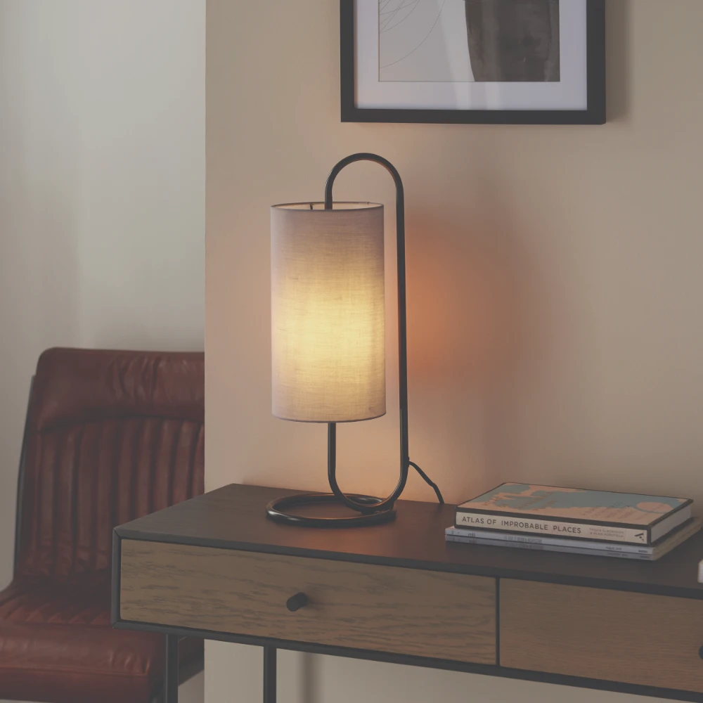1 Light Complete Table in Matt Black and Grey Fabric | Washington Lighting and Interiors 1 Light Complete Table in Matt Black and Grey Fabric | Washington Lighting and Interiors