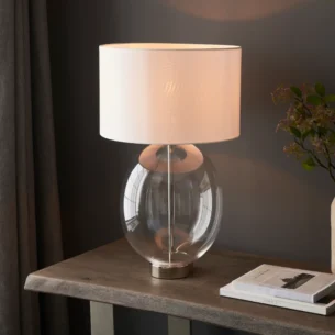 1 Light Complete Table In Bright Nickel Plate And Clear Glass With Vintage White Fabric