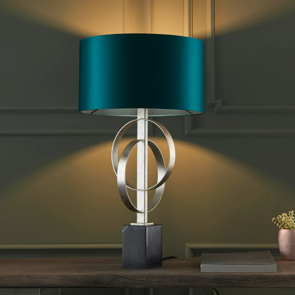 1 Light Base & Shade Table in Antique Silver Leaf and Teal Satin Fabric | Washington Lighting and Interiors 1 Light Base & Shade Table in Antique Silver Leaf and Teal Satin Fabric | Washington Lighting and Interiors