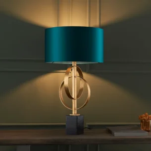 1 Light Base & Shade Table In Antique Gold Leaf And Teal Satin Fabric