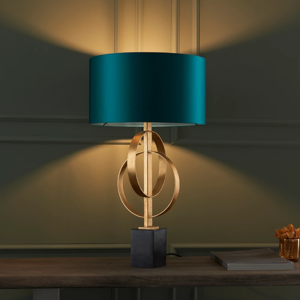 1 Light Base & Shade Table in Antique Gold Leaf and Teal Satin Fabric | Washington Lighting and Interiors 1 Light Base & Shade Table in Antique Gold Leaf and Teal Satin Fabric | Washington Lighting and Interiors