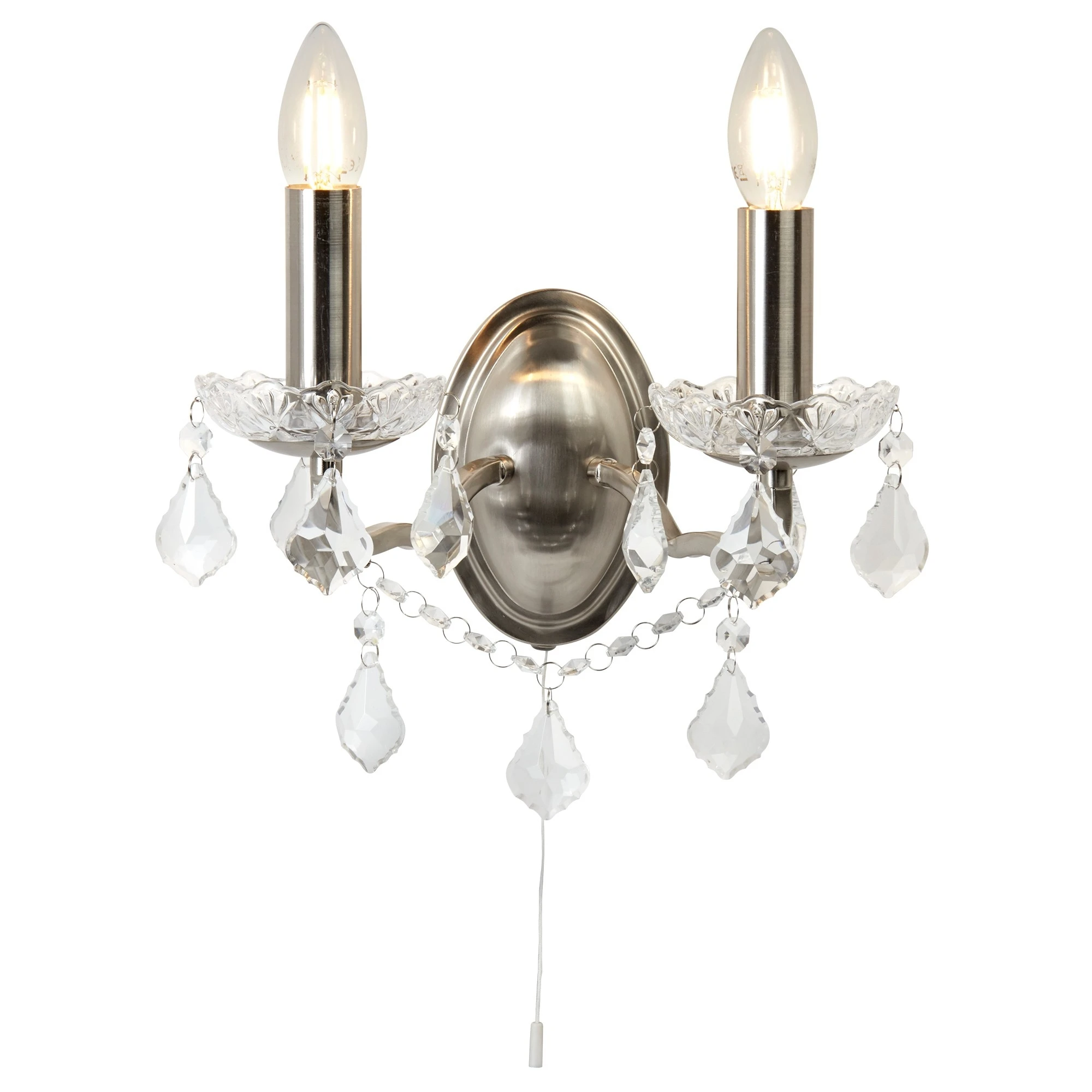 2 Light Wall Bracket Clear Crystal Drops Satin Silver | Washington Lighting and Interiors 2 Light Wall Bracket Clear Crystal Drops Satin Silver | Washington Lighting and Interiors