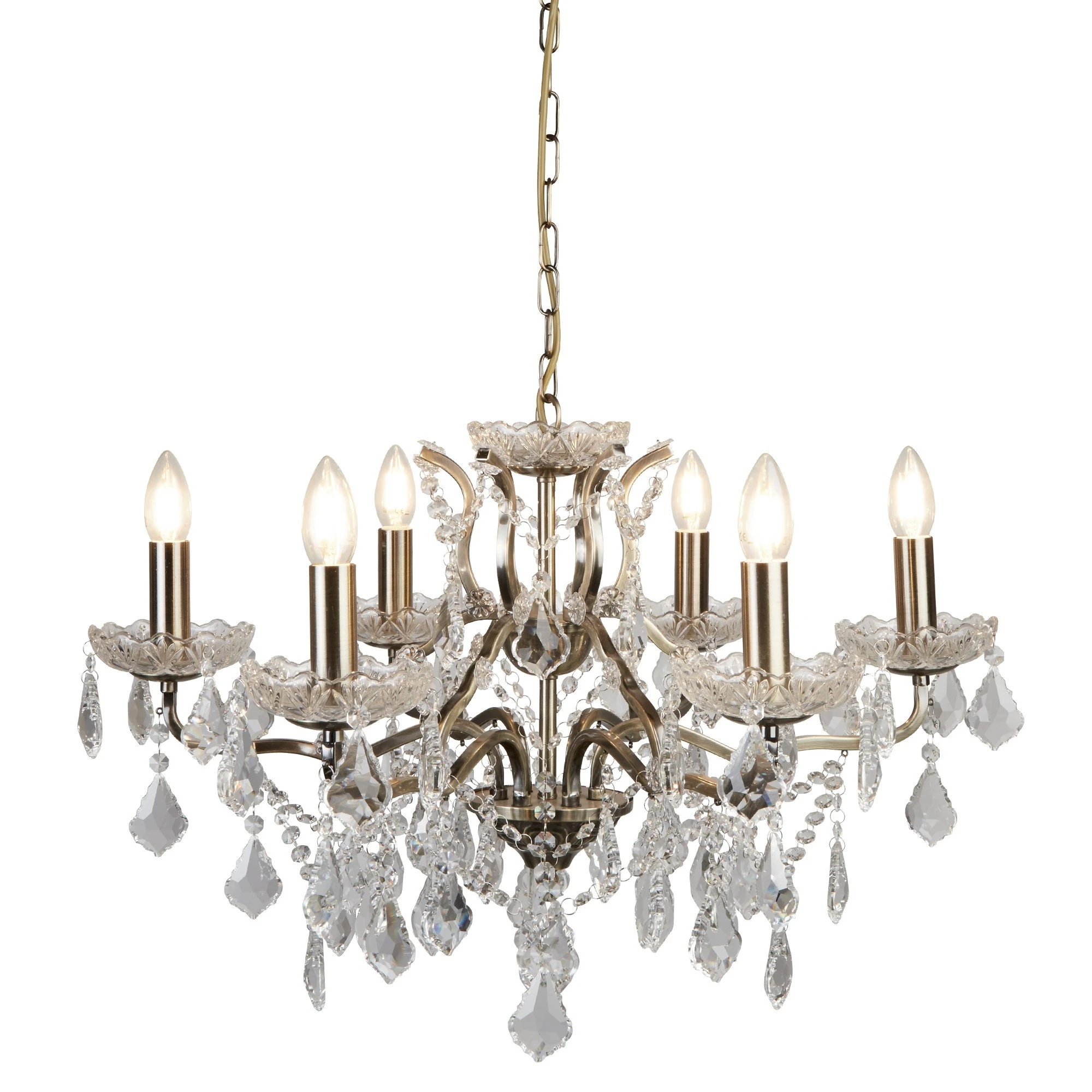 6 Light Chandelier Antique Brass Clear Crystal Drops | Washington Lighting and Interiors 6 Light Chandelier Antique Brass Clear Crystal Drops | Washington Lighting and Interiors