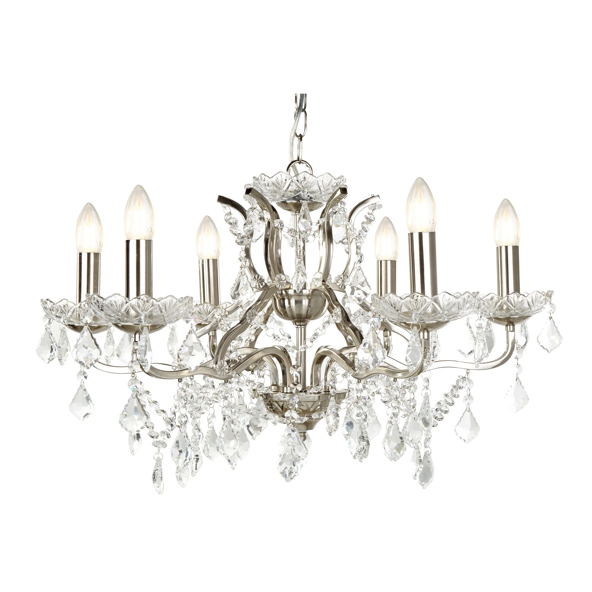 6 Light Chandelier Satin Silver Clear Crystal Drops | Washington Lighting and Interiors 6 Light Chandelier Satin Silver Clear Crystal Drops | Washington Lighting and Interiors