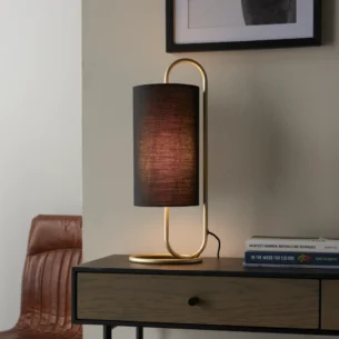 1 Light Complete Table In Antique Brass Paint And Black Fabric