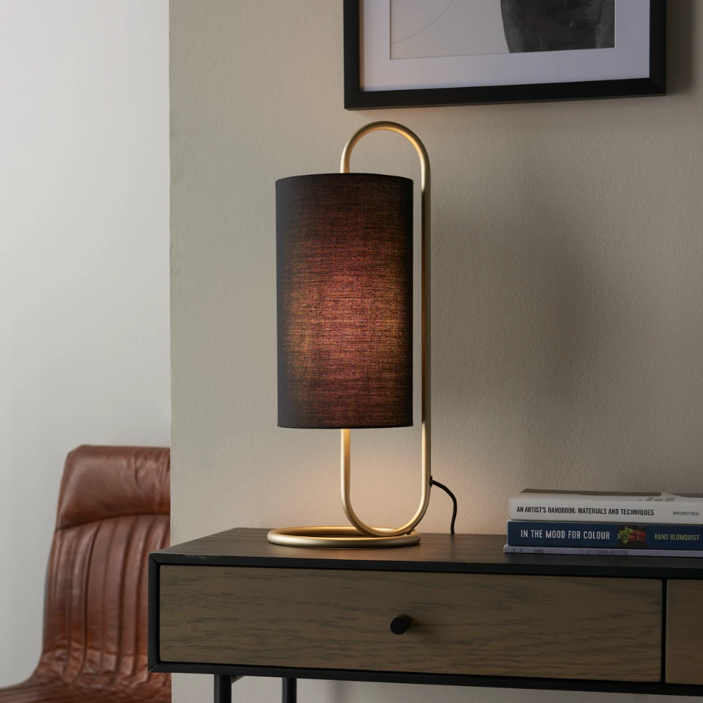 1 Light Complete Table in Antique Brass Paint and Black Fabric | Washington Lighting and Interiors 1 Light Complete Table in Antique Brass Paint and Black Fabric | Washington Lighting and Interiors