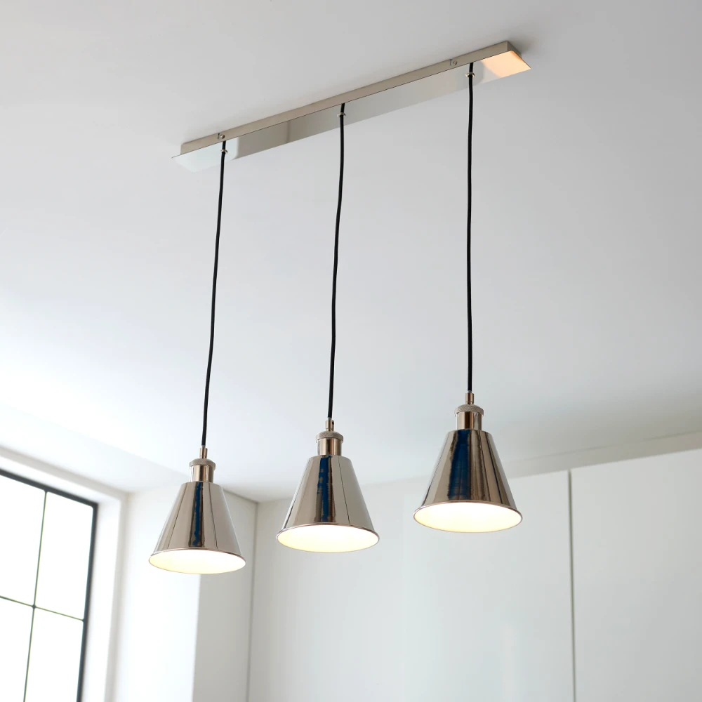 3 Light Plate Pendant in Bright Nickel Plate | Washington Lighting and Interiors 3 Light Plate Pendant in Bright Nickel Plate | Washington Lighting and Interiors