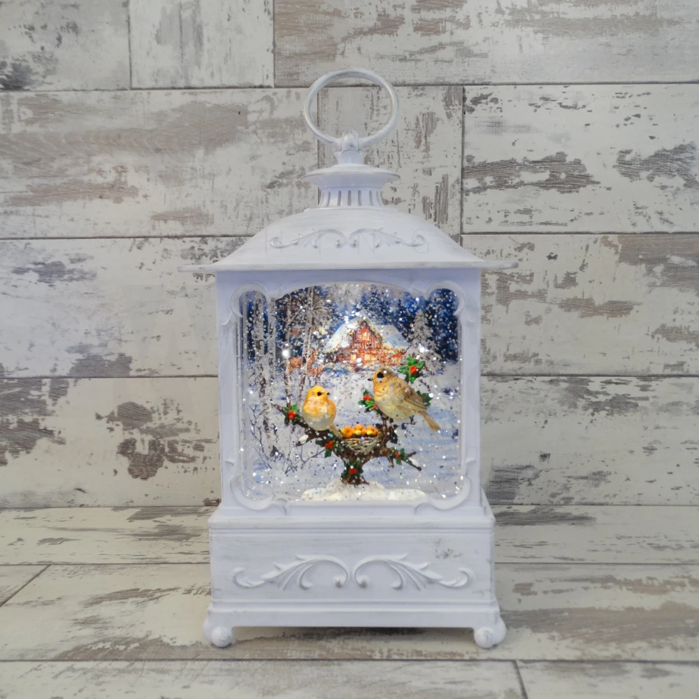White Rectangle Christmas Lantern with Robins | Washington Lighting and Interiors White Rectangle Christmas Lantern with Robins | Washington Lighting and Interiors