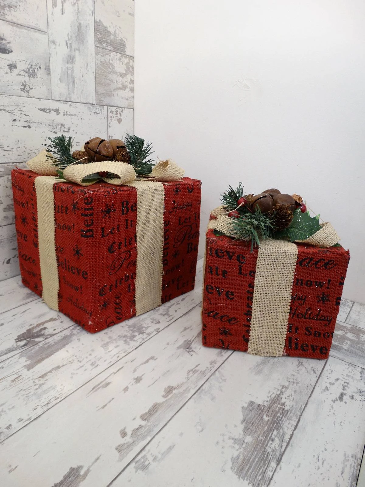 Set of 2 Christmas Present Decorations - Weaved Fabric | Washington Lighting and Interiors Set of 2 Christmas Present Decorations Weaved Fabric | Washington Lighting and Interiors