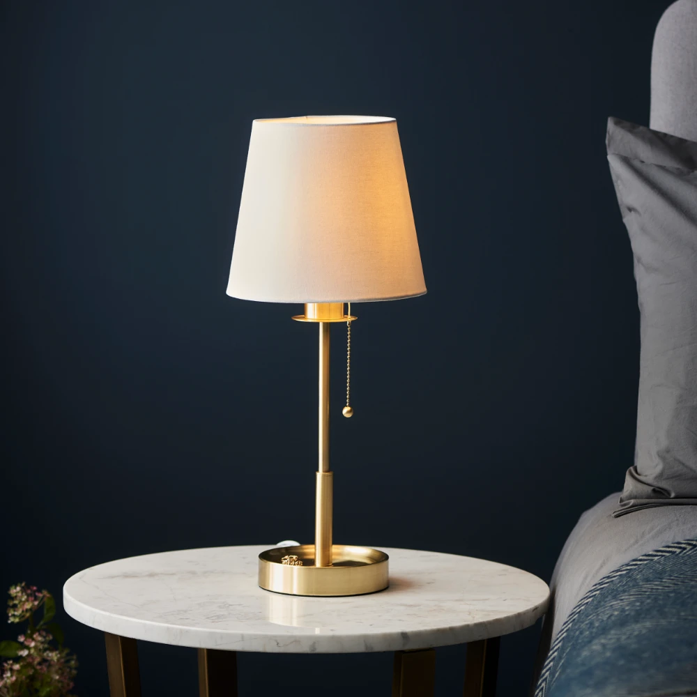 1 Light Base & Shade Table in Satin Brass Plate and Vintage White Fabric | Washington Lighting and Interiors 1 Light Base & Shade Table in Satin Brass Plate and Vintage White Fabric | Washington Lighting and Interiors