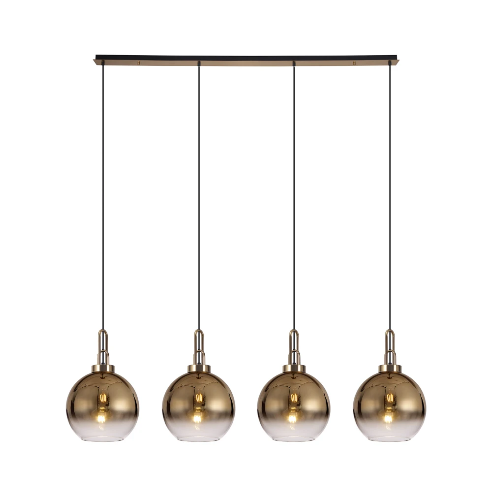 Aintree Linear 4 Light Pendant E27 with 30cm Globe Glass Brass Goldclear Brass Goldmatt Black | Washington Lighting and Interiors Aintree Linear 4 Light Pendant E27 with 30cm Globe Glass Brass Goldclear Brass Goldmatt Black | Washington Lighting and Interiors