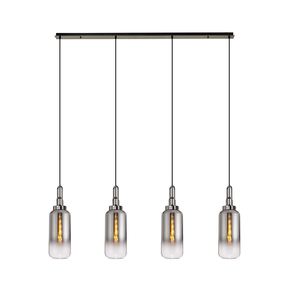 Aintree Linear 4 Light Pendant E27 with 16cm Cylinder Glass Smokedclear Black Chromematt Black | Washington Lighting and Interiors Aintree Linear 4 Light Pendant E27 with 16cm Cylinder Glass Smokedclear Black Chromematt Black | Washington Lighting and Interiors
