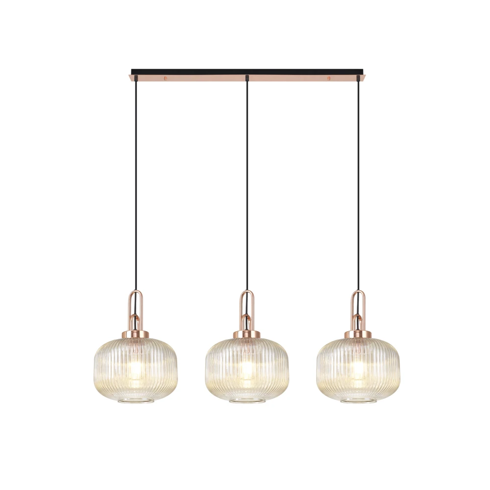 Aintree Linear 3 Light Pendant E27 Coppermatt Black with 30cm Pumpkin Shaped Ribbed Champagne Glass | Washington Lighting and Interiors Aintree Linear 3 Light Pendant E27 Coppermatt Black with 30cm Pumpkin Shaped Ribbed Champagne Glass | Washington Lighting and Interiors