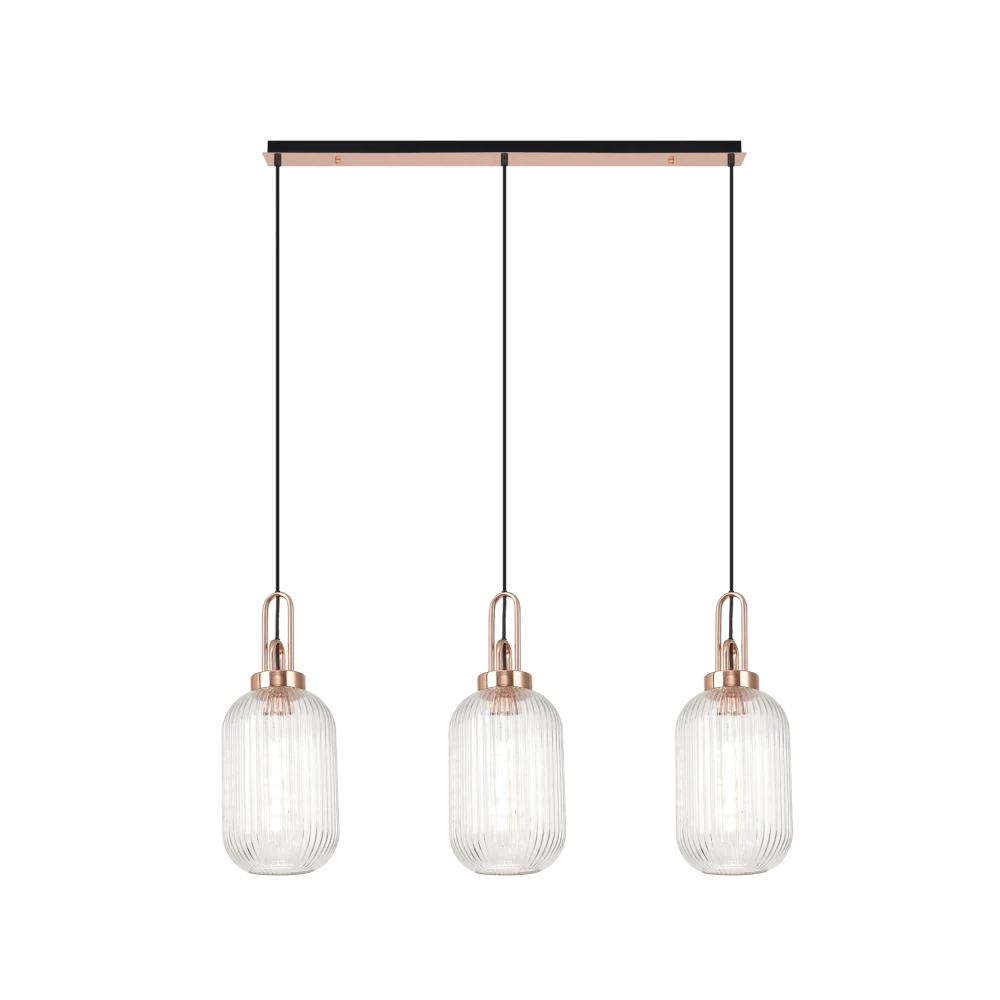 Aintree Linear 3 Light Pendant E27 with 20cm Tubular Ribbed Glass Clear Coppermatt Black | Washington Lighting and Interiors Aintree Linear 3 Light Pendant E27 with 20cm Tubular Ribbed Glass Clear Coppermatt Black | Washington Lighting and Interiors
