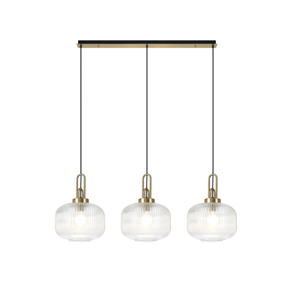 Aintree Linear 3 Light Pendant E27 Brass Goldmatt Black with 30cm Pumpkin Shaped Ribbed Clear Glass | Washington Lighting and Interiors Aintree Linear 3 Light Pendant E27 Brass Goldmatt Black with 30cm Pumpkin Shaped Ribbed Clear Glass | Washington Lighting and Interiors
