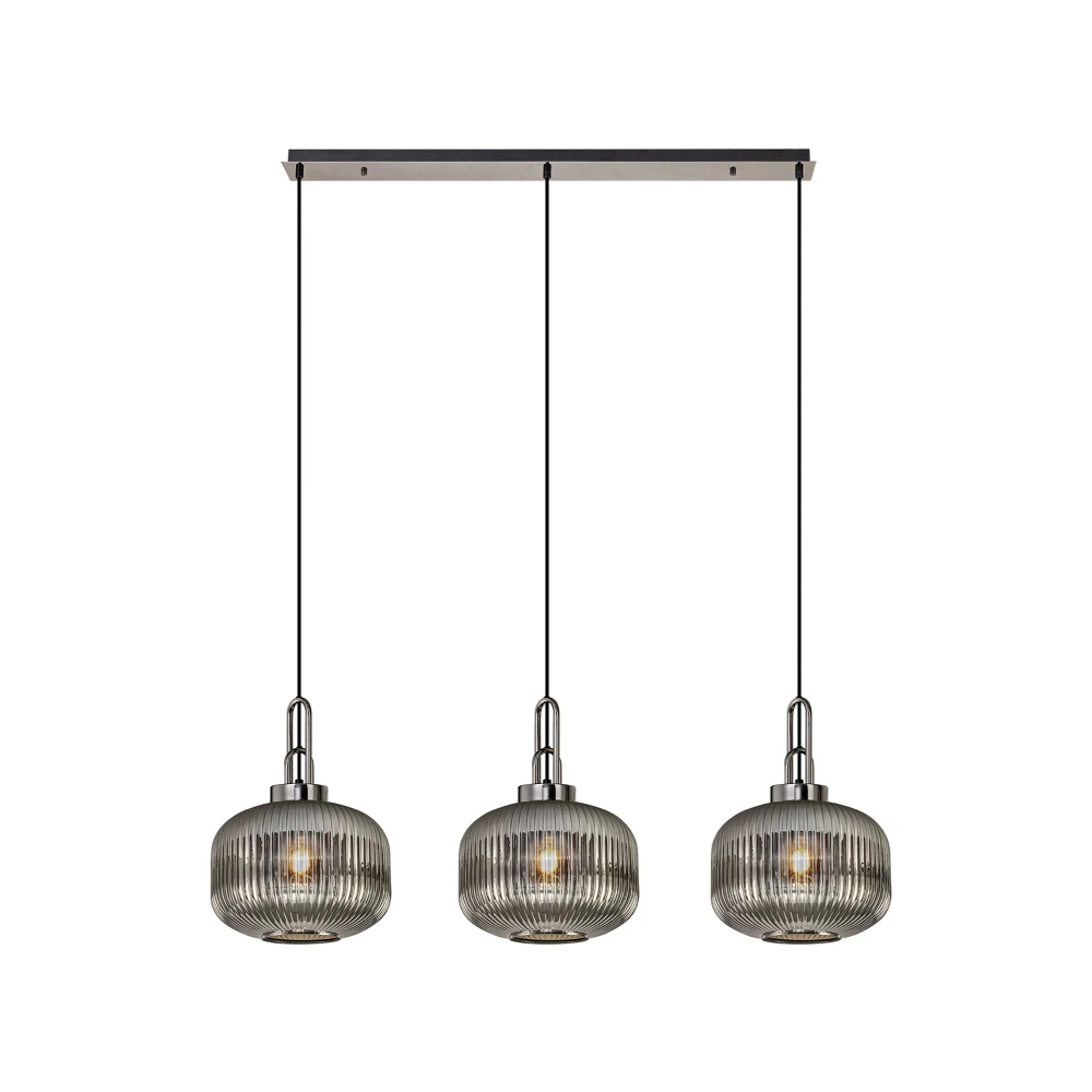 Aintree Linear 3 Light Pendant E27 Black Chromematt Black with 30cm Pumpkin Shaped Ribbed Smoked Glass | Washington Lighting and Interiors Aintree Linear 3 Light Pendant E27 Black Chromematt Black with 30cm Pumpkin Shaped Ribbed Smoked Glass | Washington Lighting and Interiors