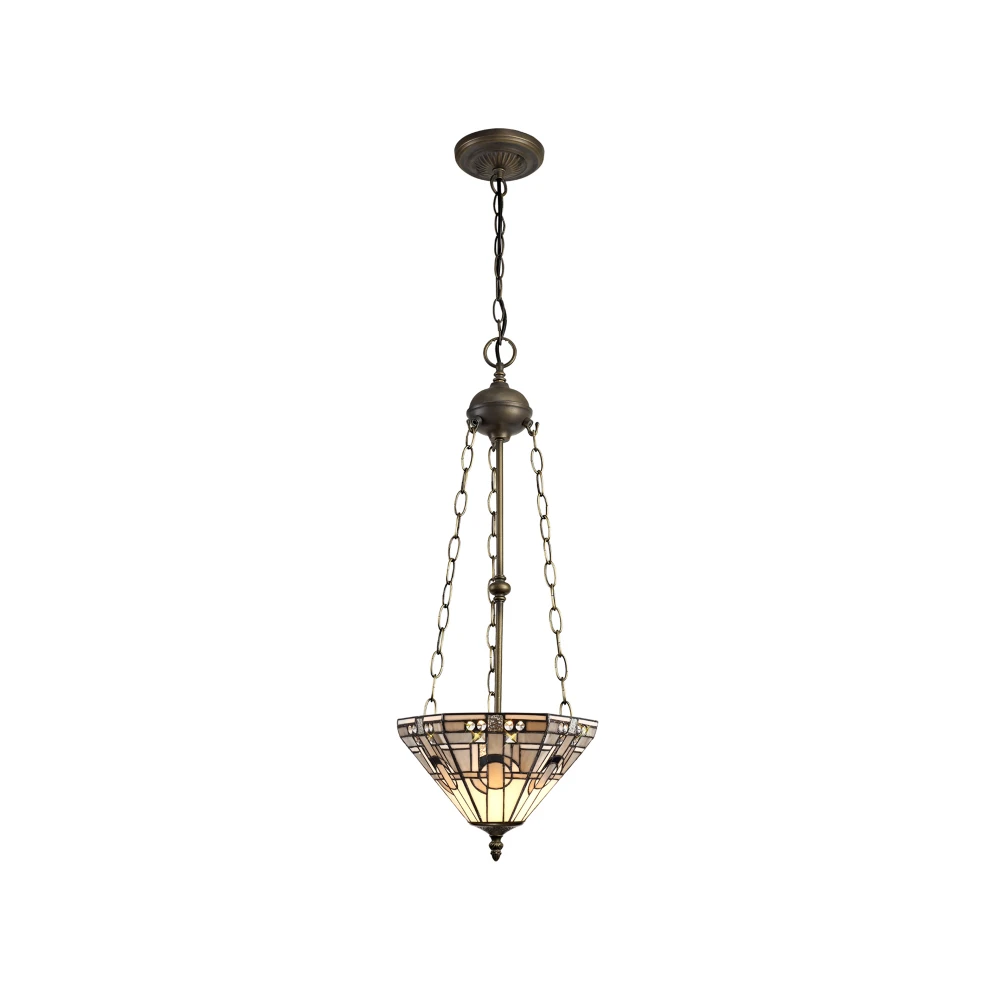 Alban 3 Light Uplighter Pendant E27 with 30cm Tiffany Shade Whitegreyblackclear Crystalaged Antique Brass | Washington Lighting and Interiors Alban 3 Light Uplighter Pendant E27 with 30cm Tiffany Shade Whitegreyblackclear Crystalaged Antique Brass | Washington Lighting and Interiors