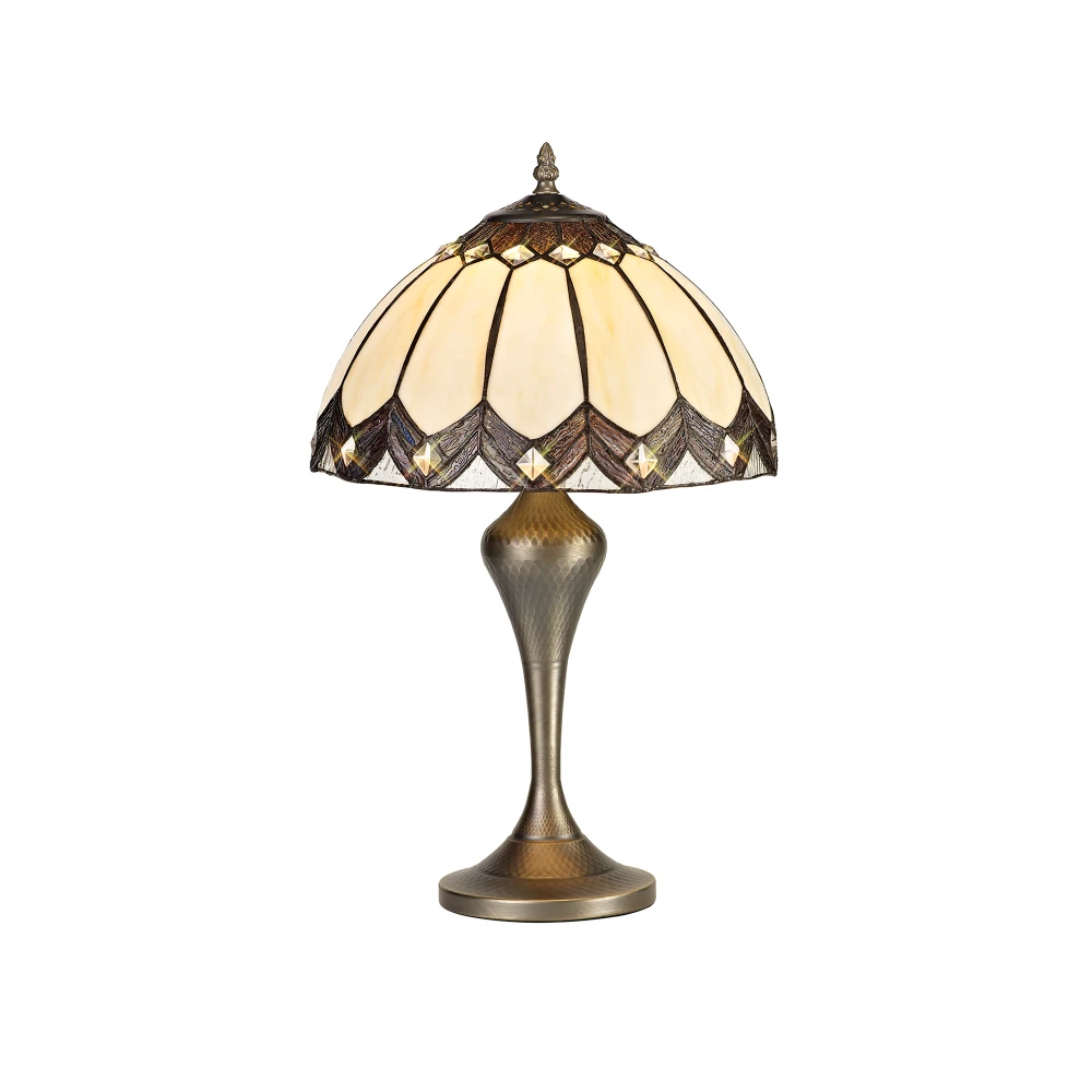 Bayview Tiffany Table Lamp 1 X E27 Aged Antique Brass Basecreambrown Glassclear Crystal | Washington Lighting and Interiors Bayview Tiffany Table Lamp 1 X E27 Aged Antique Brass Basecreambrown Glassclear Crystal | Washington Lighting and Interiors