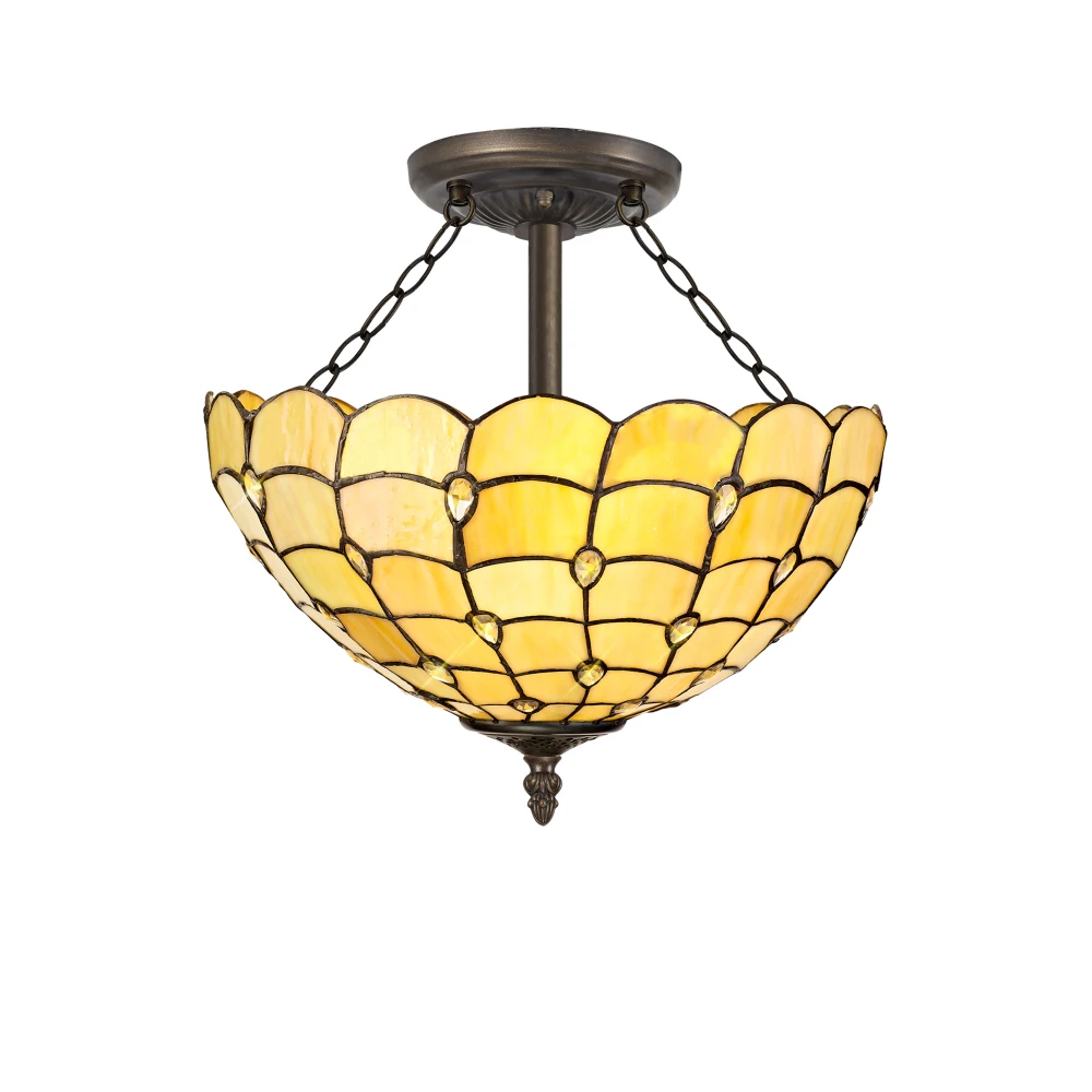 Cathcart 3 Light Semi Ceiling E27 with 40cm Tiffany Shade Beigeclear Crystalaged Antique Brass | Washington Lighting and Interiors Cathcart 3 Light Semi Ceiling E27 with 40cm Tiffany Shade Beigeclear Crystalaged Antique Brass | Washington Lighting and Interiors