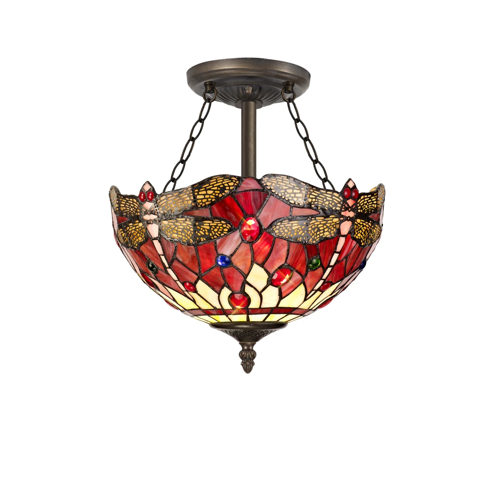 Hillview 3 Light Semi Ceiling E27 with 30cm Tiffany Shade Purplepinkcrystalaged Antique Brass | Washington Lighting and Interiors Hillview 3 Light Semi Ceiling E27 with 30cm Tiffany Shade Purplepinkcrystalaged Antique Brass | Washington Lighting and Interiors