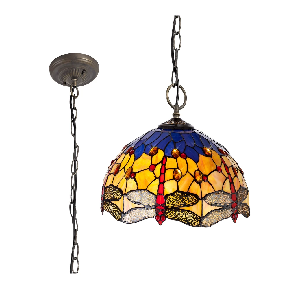 Hillview 3 Light Downlighter Pendant E27 with 40cm Tiffany Shade Blueorangecrystalaged Antique Brass | Washington Lighting and Interiors Hillview 3 Light Downlighter Pendant E27 with 40cm Tiffany Shade Blueorangecrystalaged Antique Brass | Washington Lighting and Interiors
