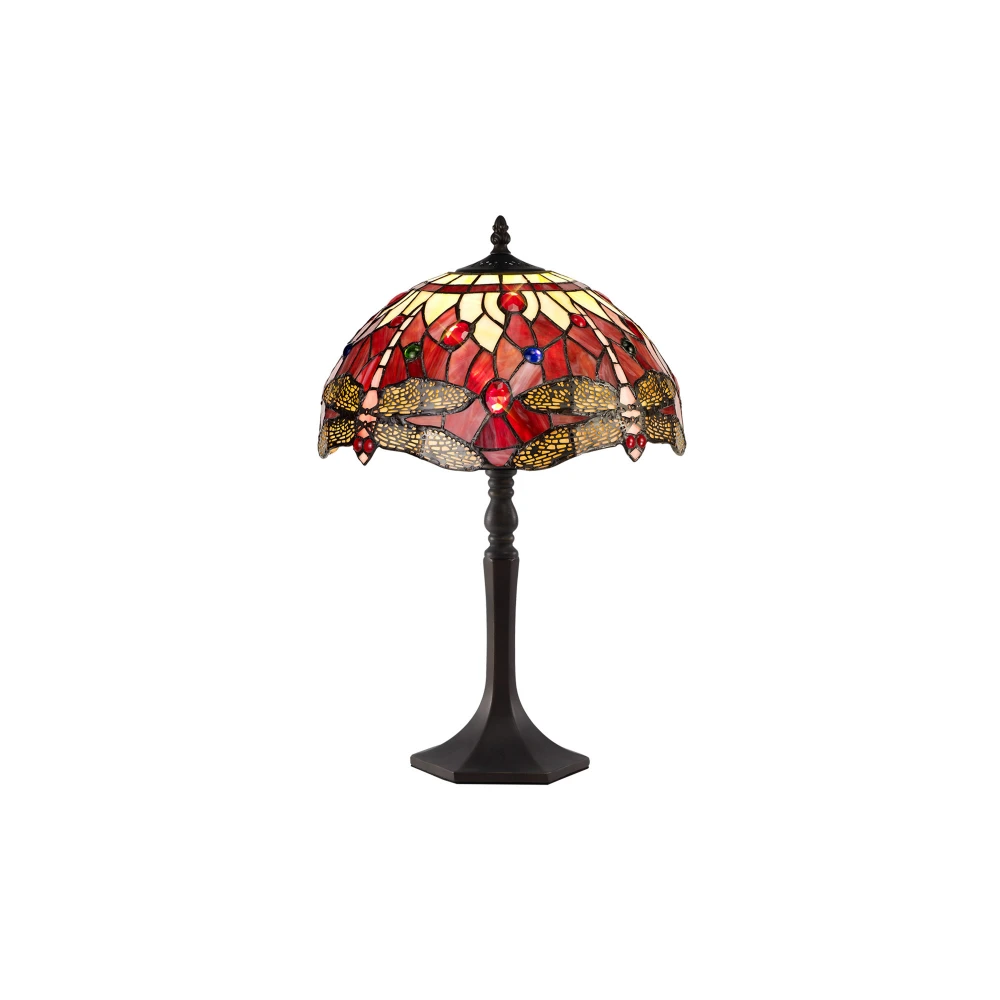 Hillview 1 Light Octagonal Table Lamp E27 with 30cm Tiffany Shade Purplepinkcrystalaged Antique Brass | Washington Lighting and Interiors Hillview 1 Light Octagonal Table Lamp E27 with 30cm Tiffany Shade Purplepinkcrystalaged Antique Brass | Washington Lighting and Interiors