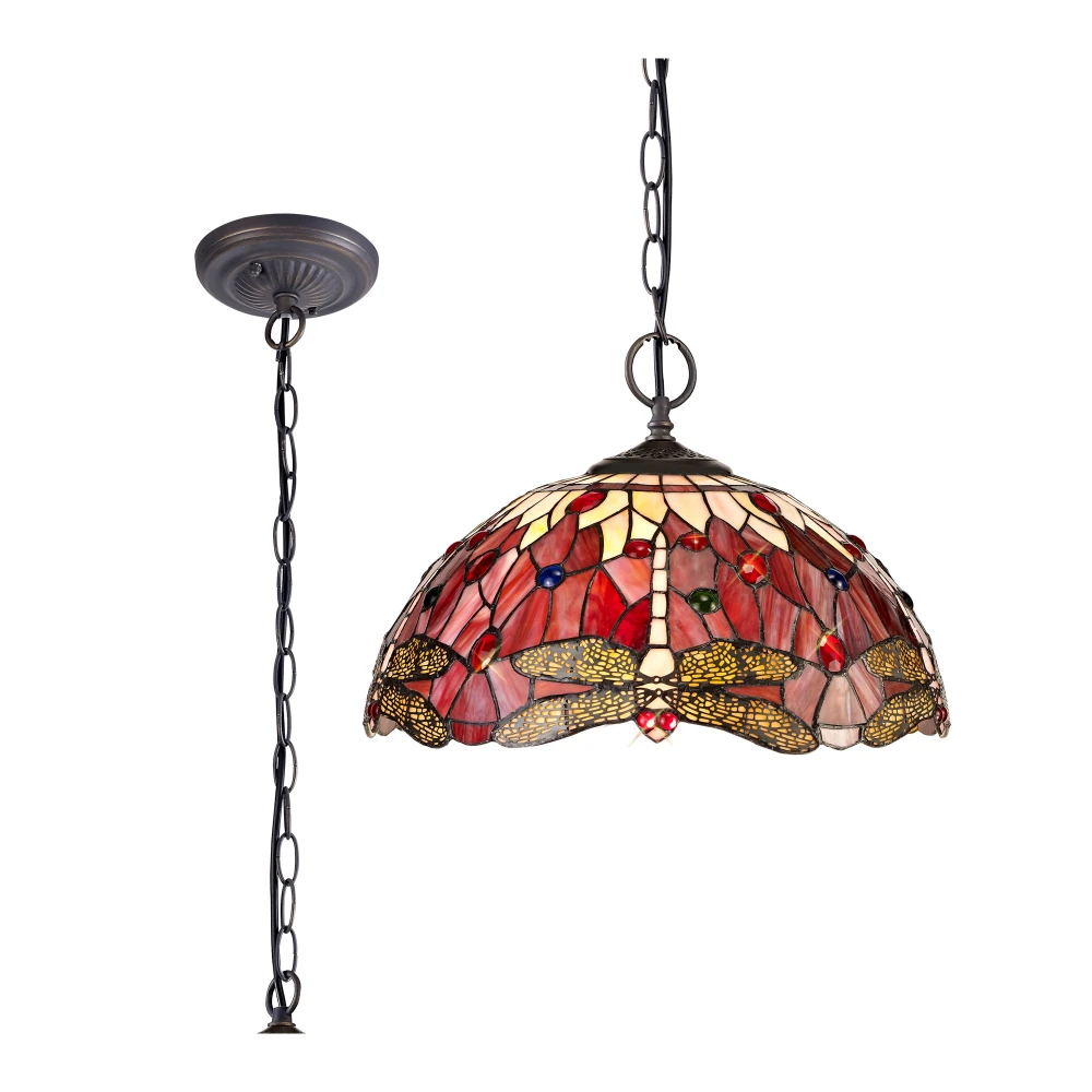Hillview 2 Light Downlighter Pendant E27 with 40cm Tiffany Shade Purplepinkcrystalaged Antique Brass | Washington Lighting and Interiors Hillview 2 Light Downlighter Pendant E27 with 40cm Tiffany Shade Purplepinkcrystalaged Antique Brass | Washington Lighting and Interiors