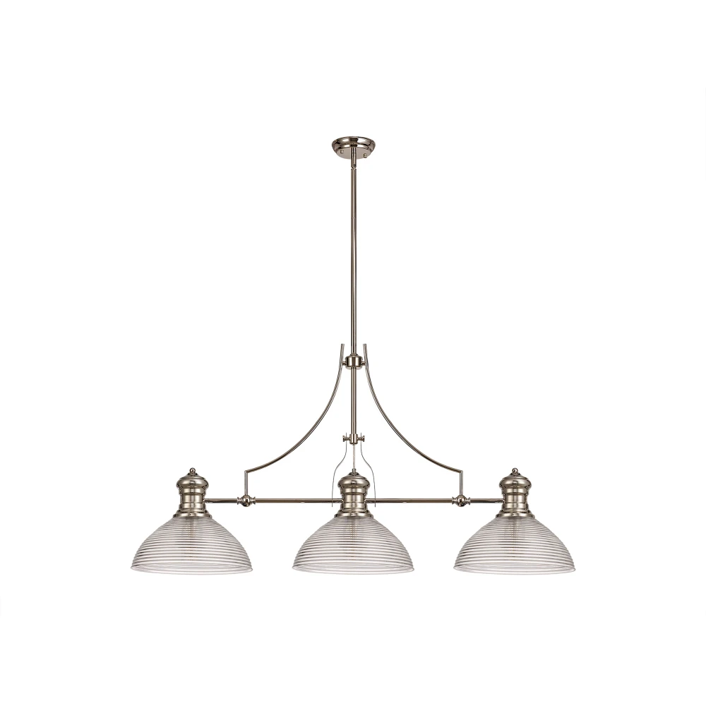 Lovat 3 Light Linear Pendant E27 with 335cm Prismatic Glass Shade Polished Nickel Clear | Washington Lighting and Interiors Lovat 3 Light Linear Pendant E27 with 335cm Prismatic Glass Shade Polished Nickel Clear | Washington Lighting and Interiors