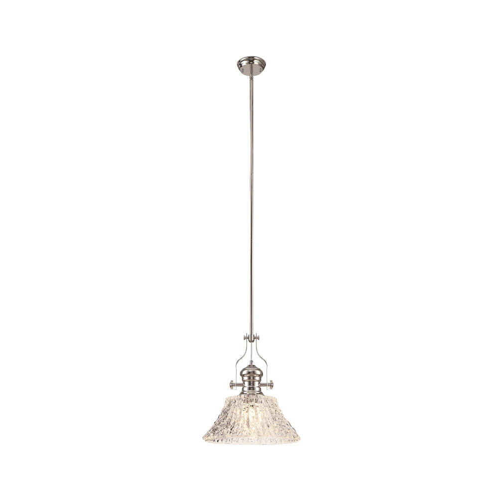 Lovat Pendant with 38cm Patterned Round Shade 1 X E27 Polished Nickelclear Glass | Washington Lighting and Interiors Lovat Pendant with 38cm Patterned Round Shade 1 X E27 Polished Nickelclear Glass | Washington Lighting and Interiors