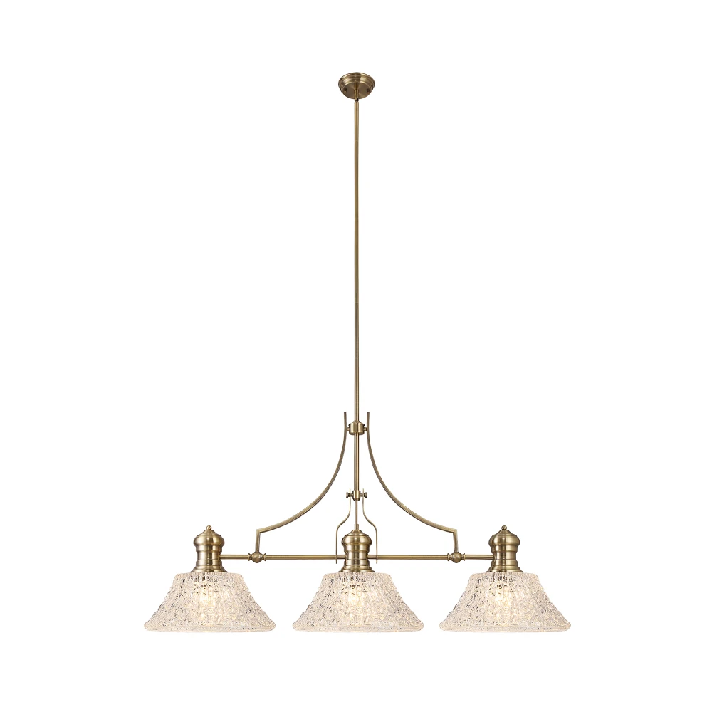 Lovat Linear Pendant with 38cm Patterned Round Shade 3 X E27 Antique Brassclear Glass Item Weight 191kg | Washington Lighting and Interiors Lovat Linear Pendant with 38cm Patterned Round Shade 3 X E27 Antique Brassclear Glass Item Weight 191kg | Washington Lighting and Interiors