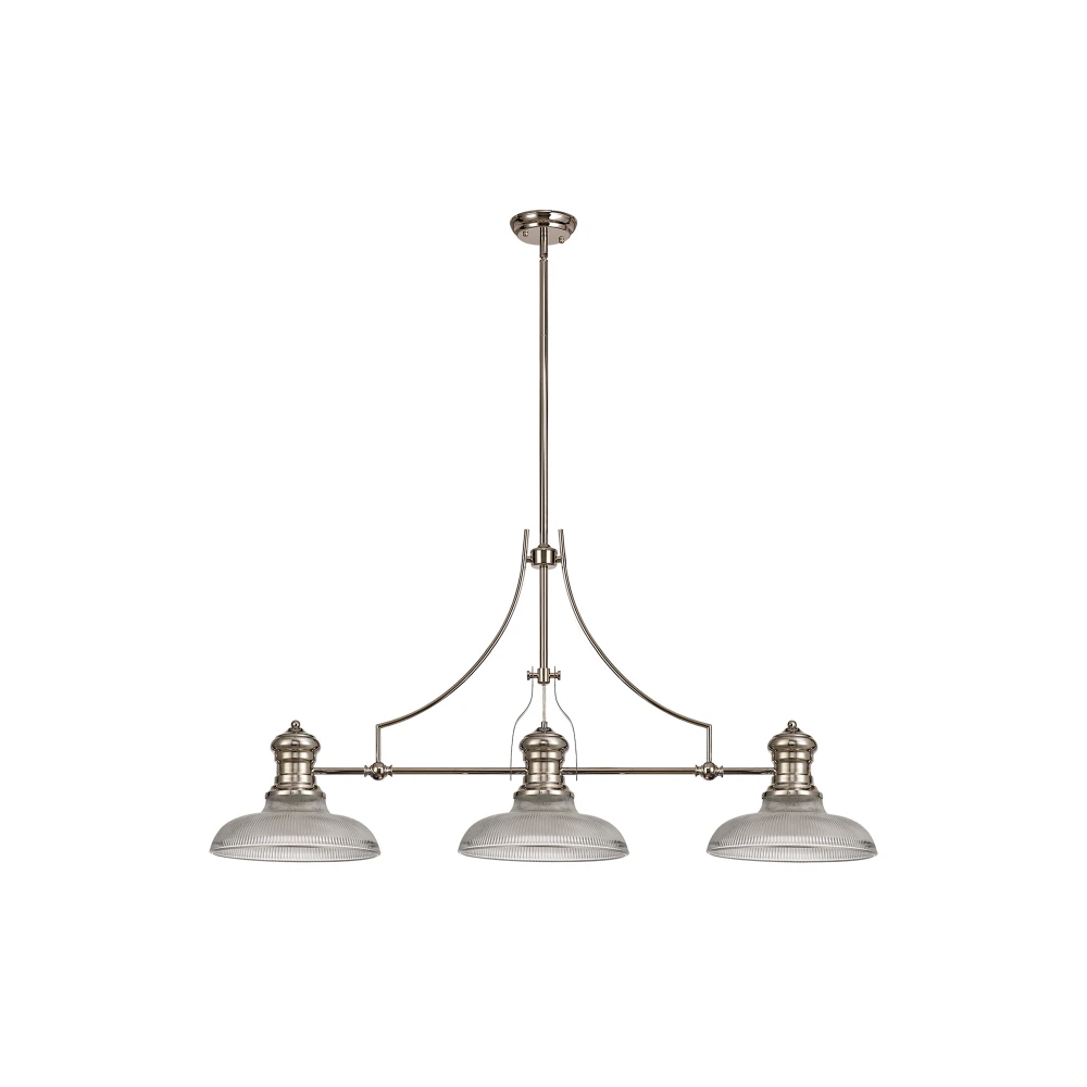 Lovat 3 Light Linear Pendant E27 with 30cm Round Glass Shade Polished Nickel Clear | Washington Lighting and Interiors Lovat 3 Light Linear Pendant E27 with 30cm Round Glass Shade Polished Nickel Clear | Washington Lighting and Interiors