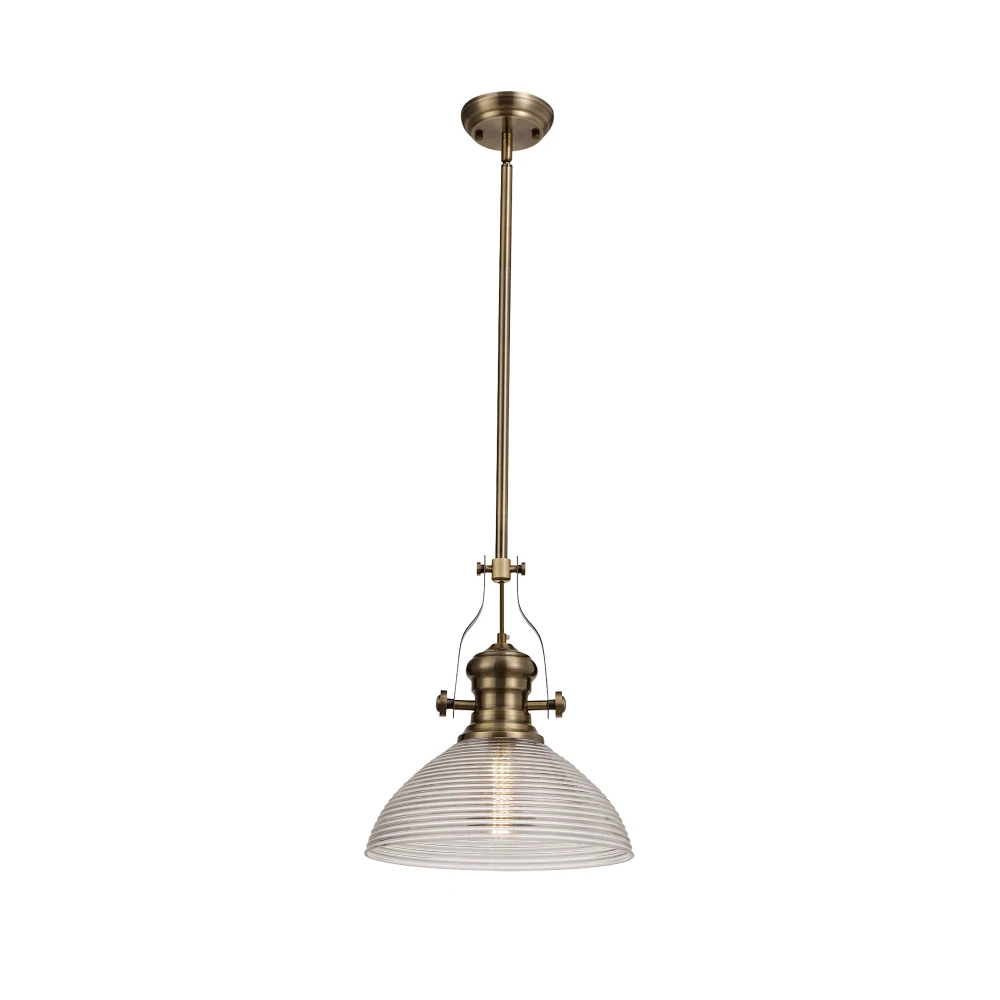 Lovat 1 Light Pendant E27 with 335cm Prismatic Glass Shade Antique Brassclear | Washington Lighting and Interiors Lovat 1 Light Pendant E27 with 335cm Prismatic Glass Shade Antique Brassclear | Washington Lighting and Interiors