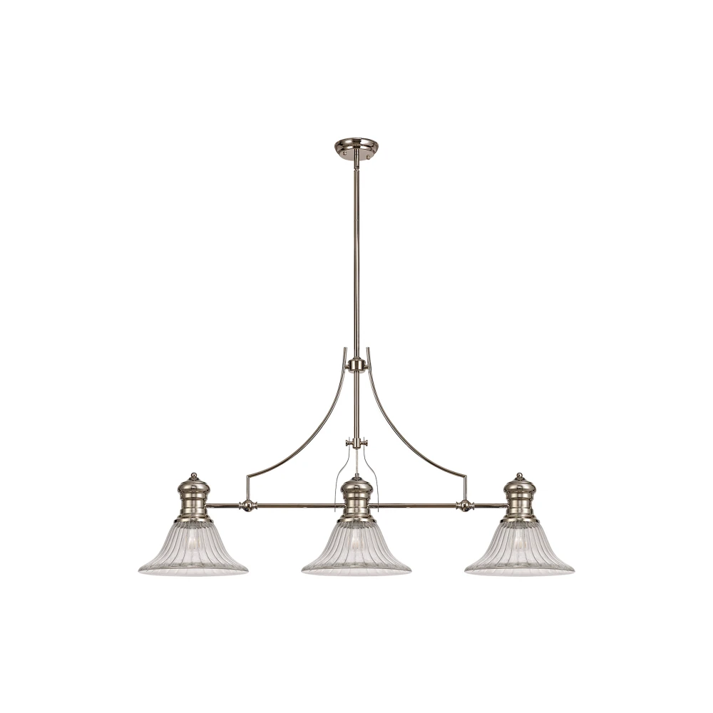 Lovat 3 Light Linear Pendant E27 with 30cm Bell Glass Shade Polished Nickel Clear | Washington Lighting and Interiors Lovat 3 Light Linear Pendant E27 with 30cm Bell Glass Shade Polished Nickel Clear | Washington Lighting and Interiors