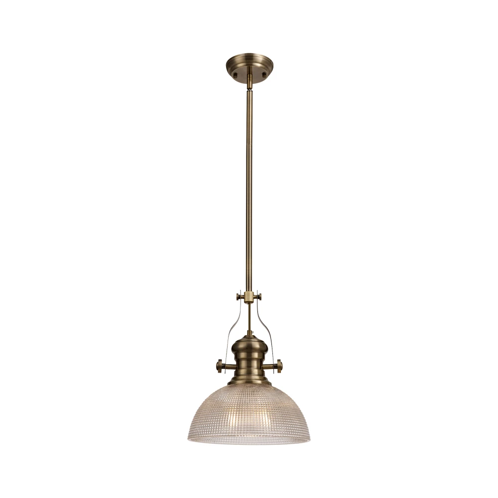 Lovat 1 Light Pendant E27 with 30cm Prismatic Glass Shade Antique Brassclear | Washington Lighting and Interiors Lovat 1 Light Pendant E27 with 30cm Prismatic Glass Shade Antique Brassclear | Washington Lighting and Interiors