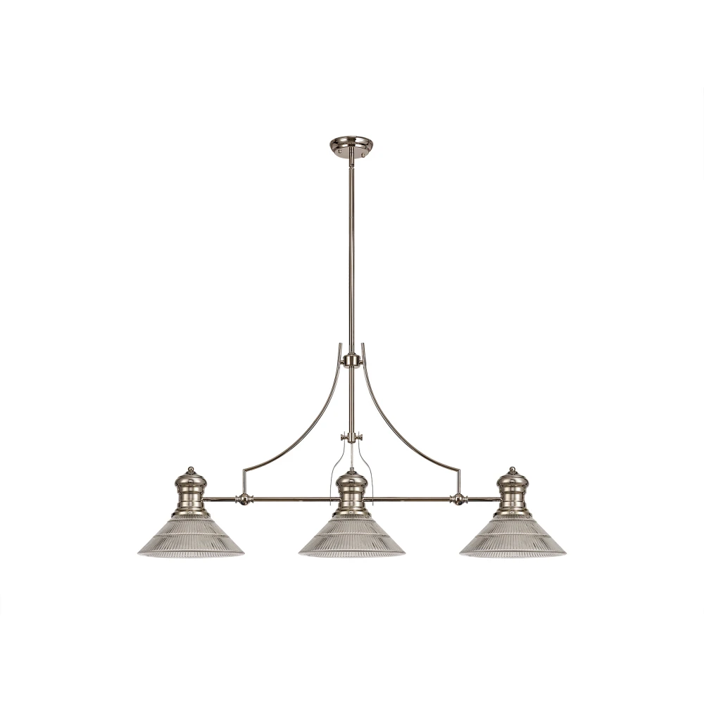 Lovat 3 Light Linear Pendant E27 with 30cm Cone Glass Shade Polished Nickel Clear | Washington Lighting and Interiors Lovat 3 Light Linear Pendant E27 with 30cm Cone Glass Shade Polished Nickel Clear | Washington Lighting and Interiors