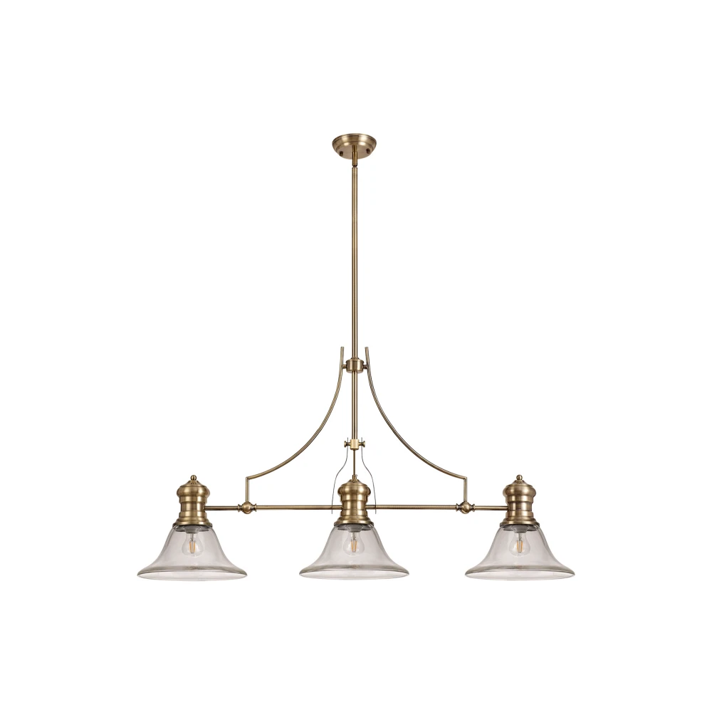 Lovat 3 Light Linear Pendant E27 with 30cm Smooth Bell Glass Shade Antique Brass Clear | Washington Lighting and Interiors Lovat 3 Light Linear Pendant E27 with 30cm Smooth Bell Glass Shade Antique Brass Clear | Washington Lighting and Interiors