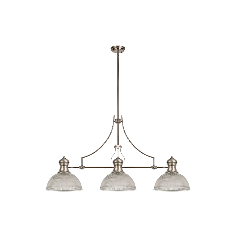 Lovat 3 Light Linear Pendant E27 with 30cm Dome Glass Shade Polished Nickel Clear | Washington Lighting and Interiors Lovat 3 Light Linear Pendant E27 with 30cm Dome Glass Shade Polished Nickel Clear | Washington Lighting and Interiors