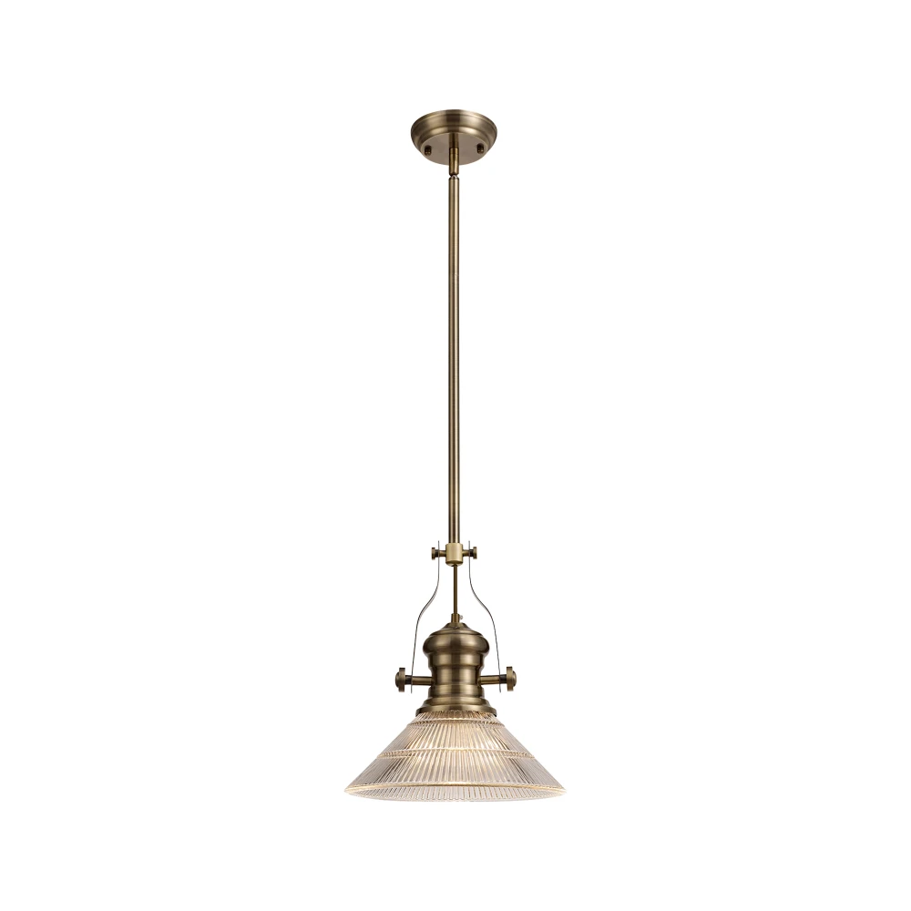 Lovat 1 Light Pendant E27 with 30cm Cone Glass Shade Antique Brassclear | Washington Lighting and Interiors Lovat 1 Light Pendant E27 with 30cm Cone Glass Shade Antique Brassclear | Washington Lighting and Interiors