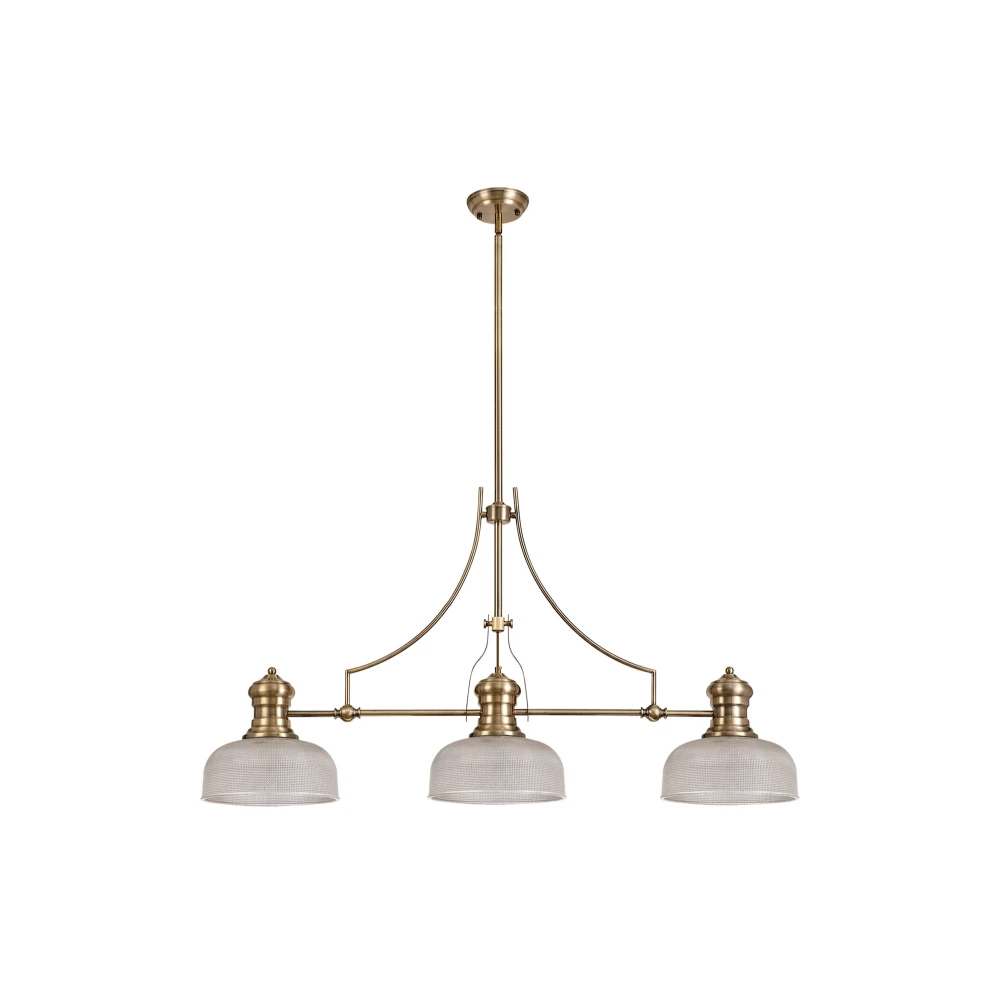 Lovat 3 Light Linear Pendant E27 with 265cm Prismatic Glass Shade Antique Brass Clear | Washington Lighting and Interiors Lovat 3 Light Linear Pendant E27 with 265cm Prismatic Glass Shade Antique Brass Clear | Washington Lighting and Interiors
