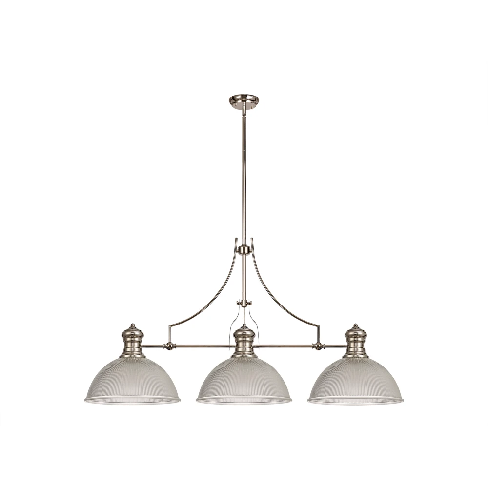 Lovat 3 Light Linear Pendant E27 with 38cm Dome Glass Shade Polished Nickel Clear | Washington Lighting and Interiors Lovat 3 Light Linear Pendant E27 with 38cm Dome Glass Shade Polished Nickel Clear | Washington Lighting and Interiors