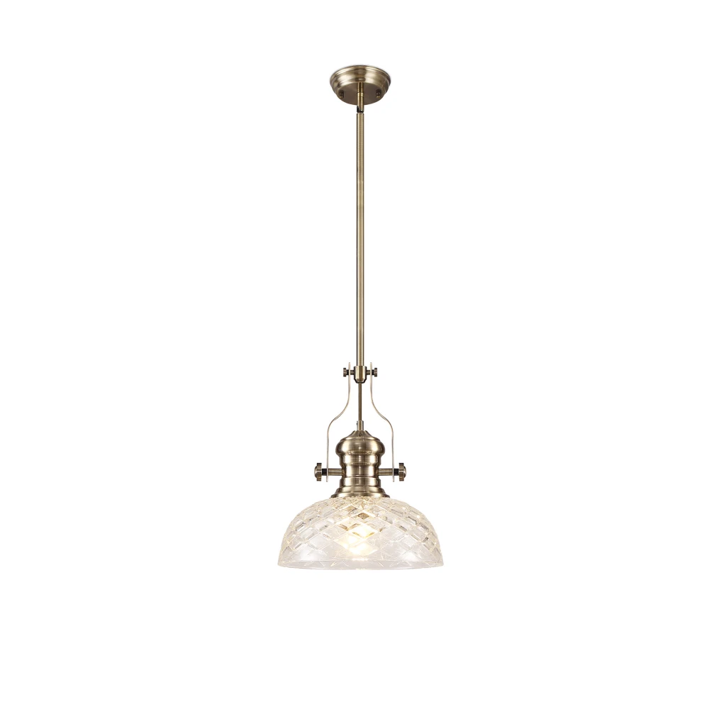 Lovat Pendant with 30cm Flat Round Patterned Shade 1 X E27 Antique Brassclear Glass | Washington Lighting and Interiors Lovat Pendant with 30cm Flat Round Patterned Shade 1 X E27 Antique Brassclear Glass | Washington Lighting and Interiors