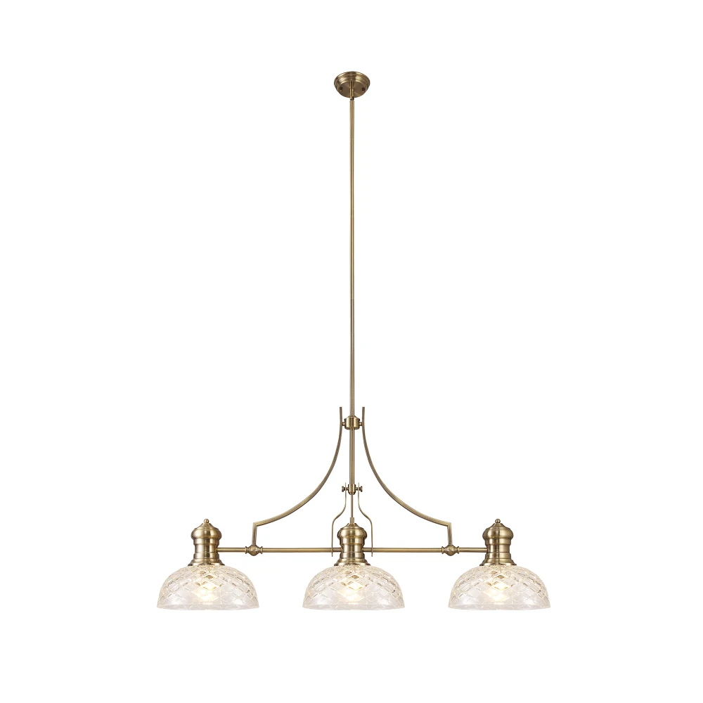 Lovat Linear Pendant with 30cm Flat Round Patterned Shade 3 X E27 Antique Brassclear Glass | Washington Lighting and Interiors Lovat Linear Pendant with 30cm Flat Round Patterned Shade 3 X E27 Antique Brassclear Glass | Washington Lighting and Interiors
