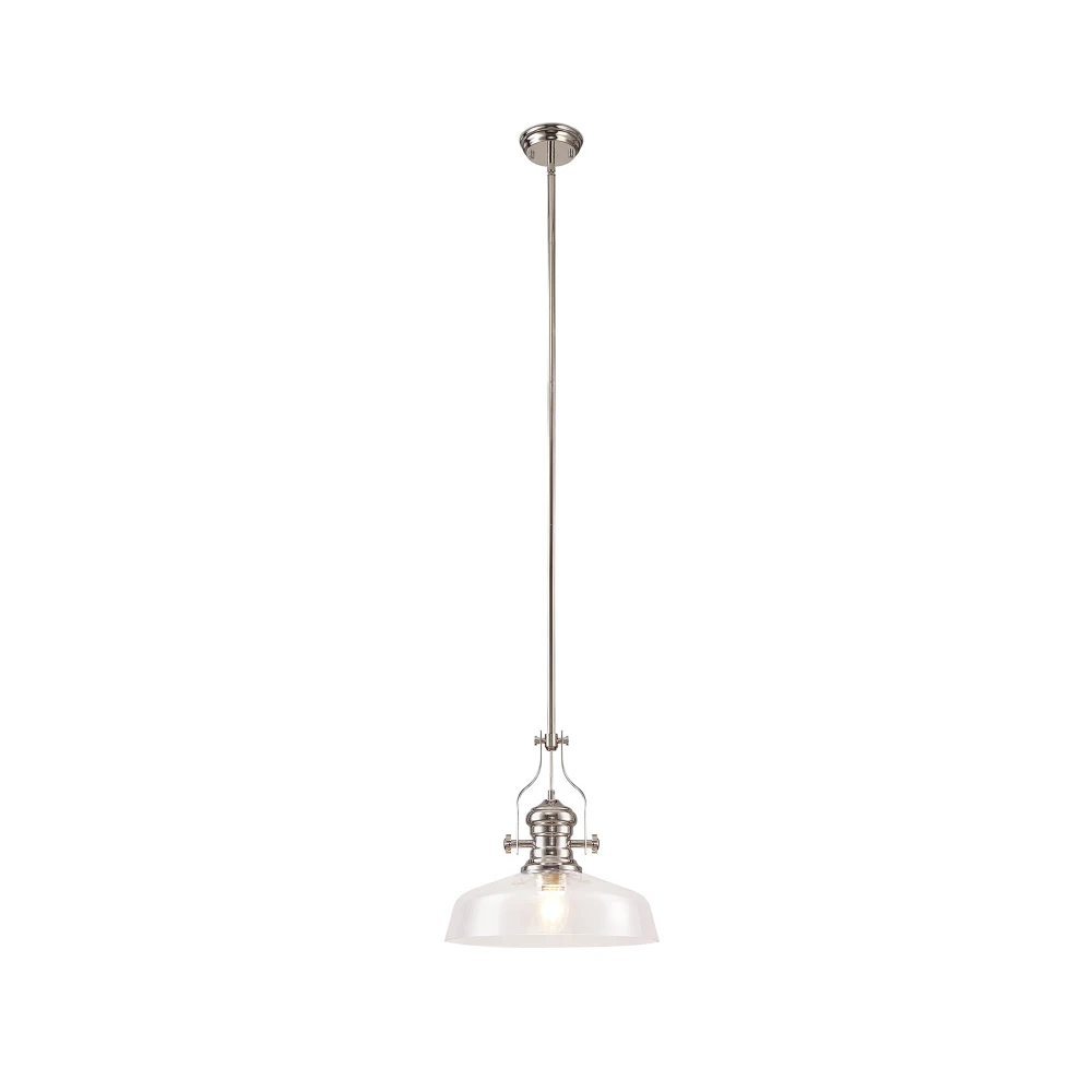 Lovat Pendant with 38cm Flat Round Shade 1 X E27 Polished Nickelclear Glass | Washington Lighting and Interiors Lovat Pendant with 38cm Flat Round Shade 1 X E27 Polished Nickelclear Glass | Washington Lighting and Interiors