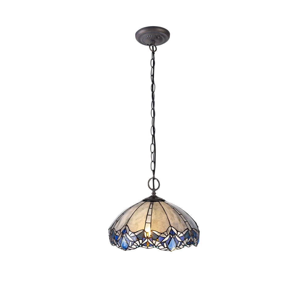 Ottawa 2 Light Downlight Pendant E27 with 40cm Tiffany Shade Blueclear Crystalaged Antique Brass | Washington Lighting and Interiors Ottawa 2 Light Downlight Pendant E27 with 40cm Tiffany Shade Blueclear Crystalaged Antique Brass | Washington Lighting and Interiors