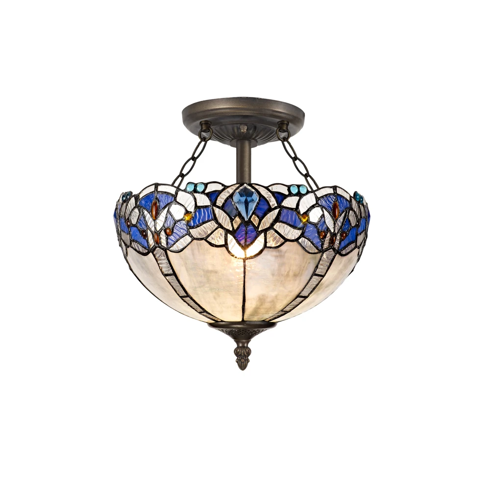 Ottawa 2 Light Semi Ceiling E27 with 30cm Tiffany Shade Blueclear Crystalaged Antique Brass | Washington Lighting and Interiors Ottawa 2 Light Semi Ceiling E27 with 30cm Tiffany Shade Blueclear Crystalaged Antique Brass | Washington Lighting and Interiors