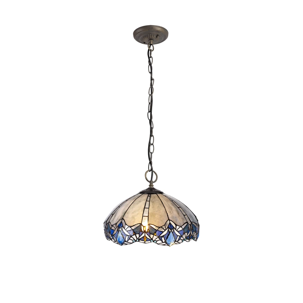 Ottawa 3 Light Downlight Pendant E27 with 40cm Tiffany Shade Blueclear Crystalaged Antique Brass | Washington Lighting and Interiors Ottawa 3 Light Downlight Pendant E27 with 40cm Tiffany Shade Blueclear Crystalaged Antique Brass | Washington Lighting and Interiors